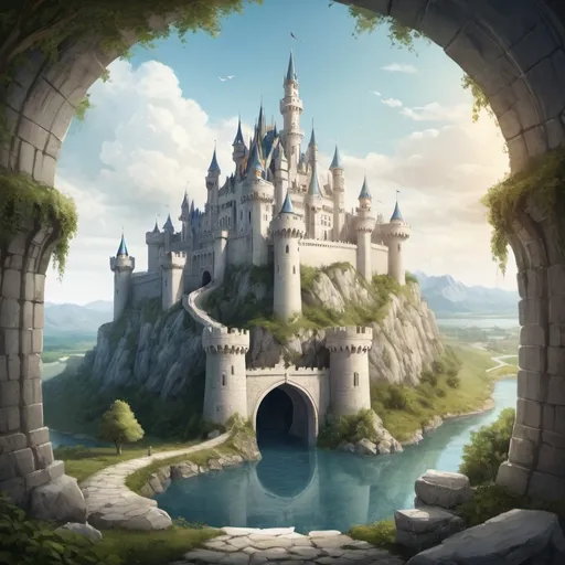 Prompt: Create a fairy tale illustration of a kingdom that stretched as far and wide as the eye could see. and in the center of this land stood a magnificent castle built of marble and stone.