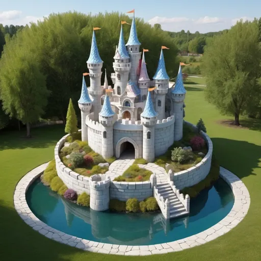 Prompt: create a fairy tale landscape with a giant marble castle in the middle. make it look cartoonish