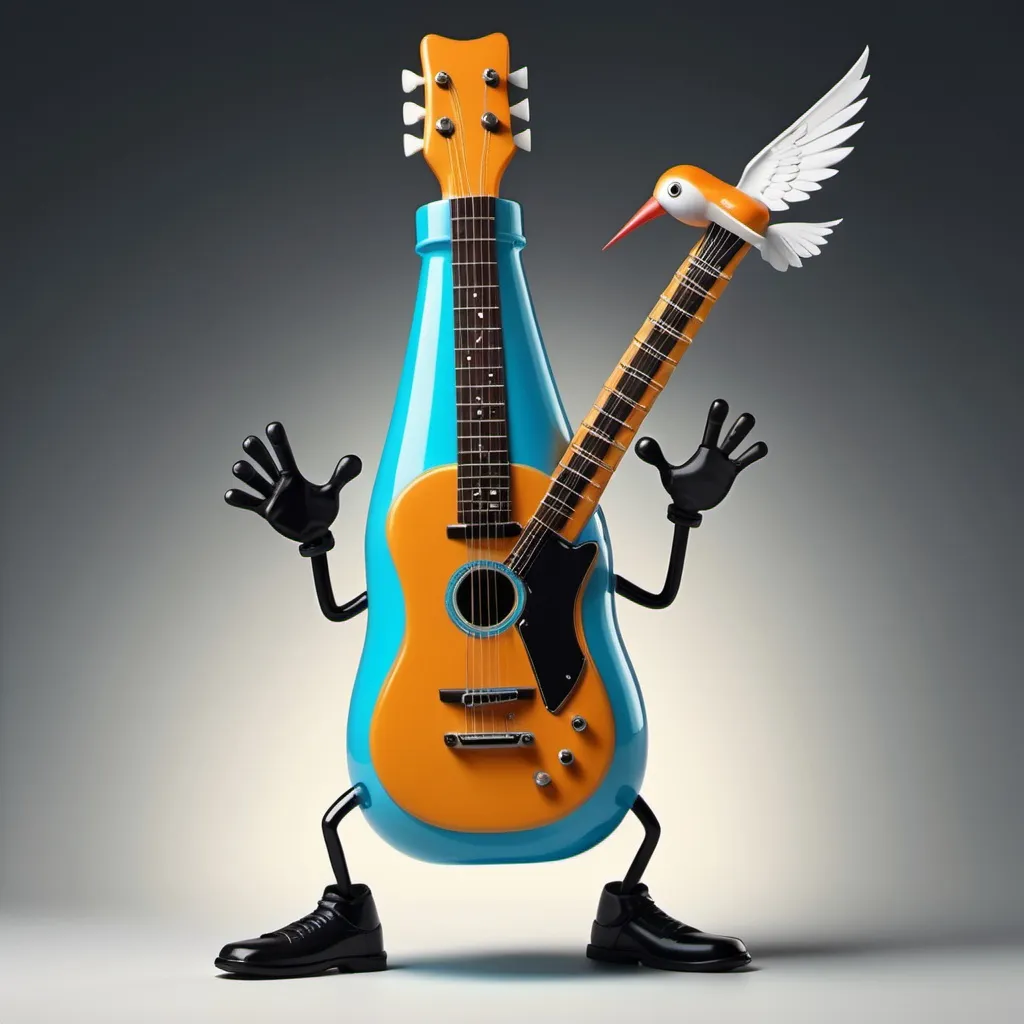 Prompt: A Guitar Playing Bottle of Music With Arms and Legs Holding a Flying V Guitar
