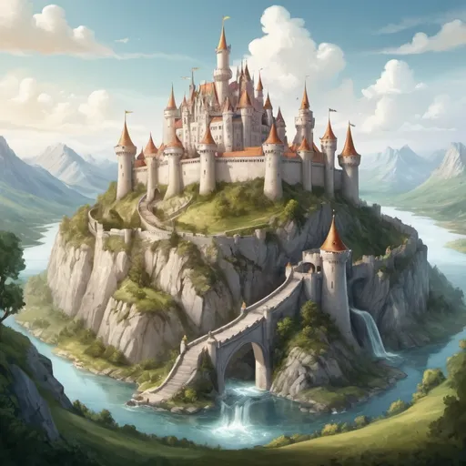 Prompt: Create a fairy tale illustration of a kingdom that stretched as far and wide as the eye could see. and in the center of this land stood a magnificent castle built of marble and stone.