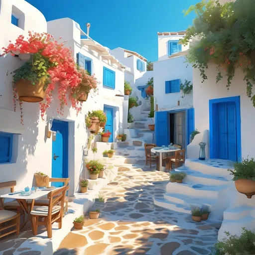 Prompt: (Greek Village Tavern), picturesque Mediterranean setting, white-washed buildings, (blue-domed roofs), rustic wooden furniture, vibrant coral blue accents, (dappled sunlight), lush greenery, cobblestone pathways, lively and cheerful atmosphere, artistic, intricate detailing, warm golden lighting, soft, dappled shadows, relaxed and inviting, high resolution, ultra-detailed, 4K quality, cinematic masterpiece, traditional Greek charm, ocean view in the distance, peaceful ambiance, rich textures, scene bustling with friendly locals.