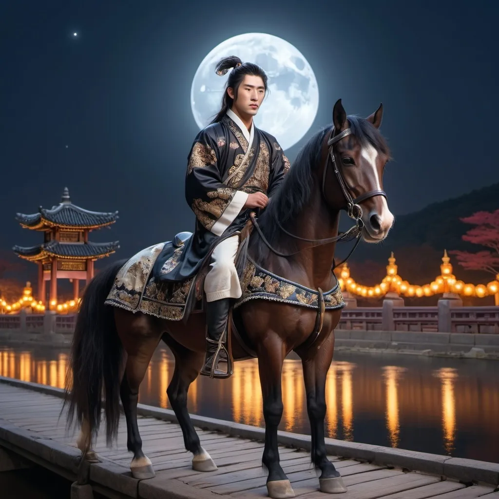 Prompt: Photoreal: A handsome-faced, black, long-haired, young Korean man sits on his neatly tooled, ornate horse on a lamplit bridge under the moonlit sky, 4k sharp image, vivid colors;