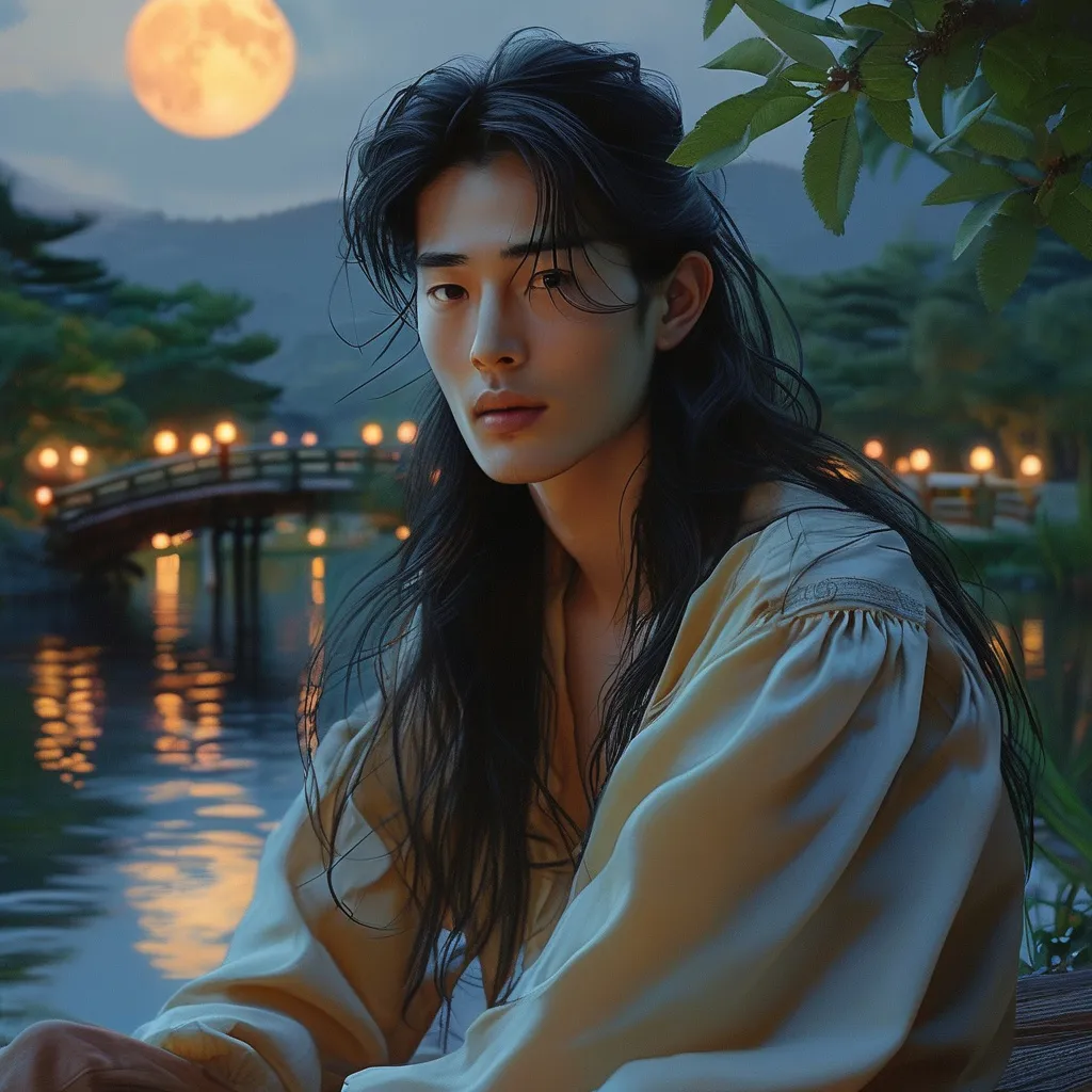 Prompt: photorealistic, (stunning) young Korean man with long black hair, sitting elegantly with young Korean woman, romantic moonlit bridge scene, soft (ambient) moonlight reflecting on water, lush greenery in the background, beautifully detailed expressions, (HD), vivid colors, sharp focus, serene atmosphere, perfect for a romantic theme.