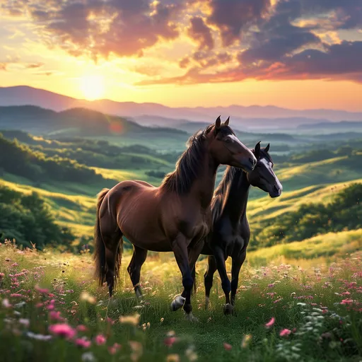 Prompt: (romantic horse scene) from "Moon Lovers: Scarlet Heart Ryeo", (dreamy ambiance), lush green hills, warm sunlight bathes the landscape, soft, fluffy clouds, gentle breeze, ethereal atmosphere, horses gracefully trotting, intertwining tales of love, vibrant colors, high depth cinematic quality, ultra-detailed, serene and enchanting mood, hints of romantic depth and longing.