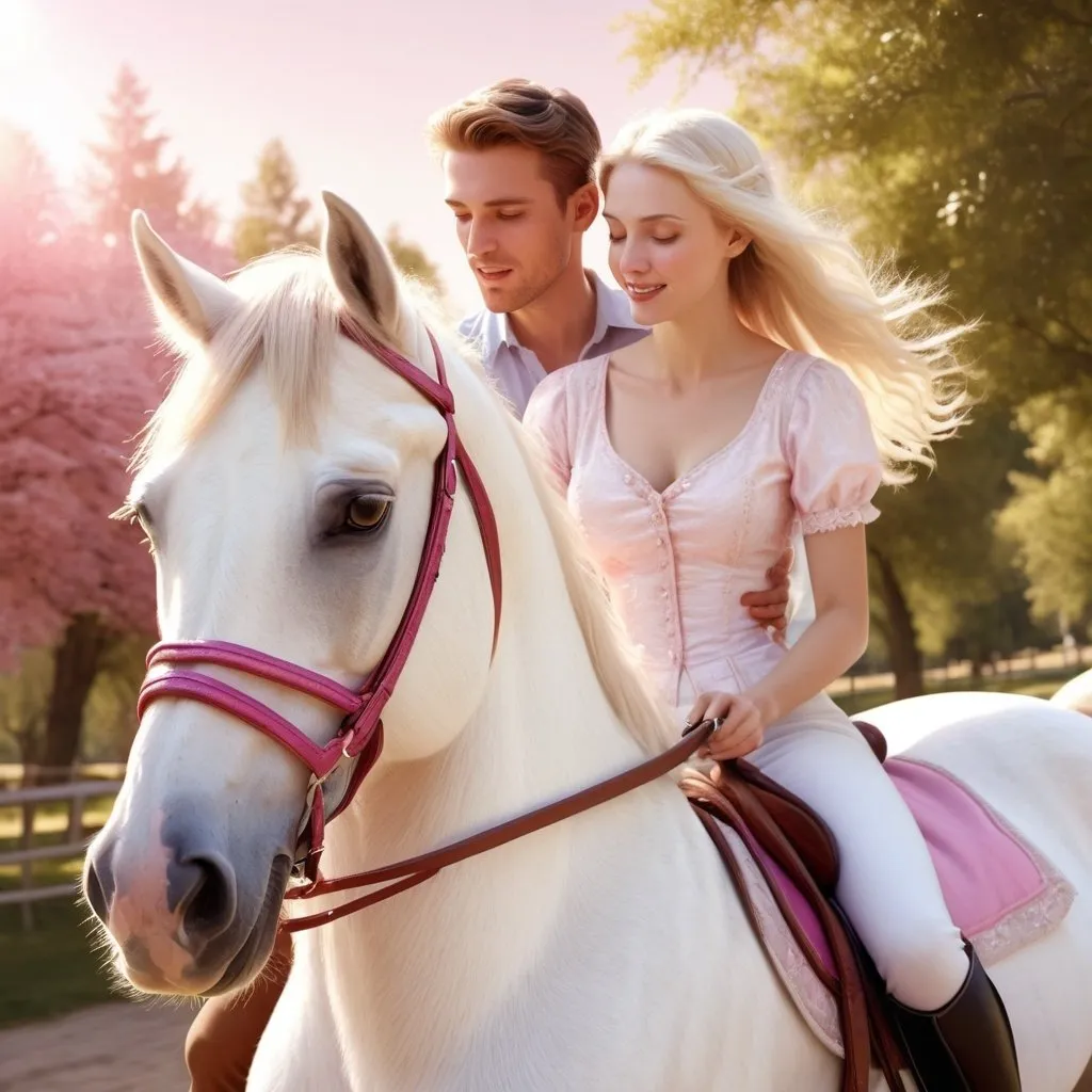 Prompt: Photorealistic summer scene of a couple riding a snow-white horse, romantic setting, beautiful pink hue around horse's mouth, detailed facial expressions, high quality, photorealistic, romantic, summer, couple riding, snow-white horse, pink hue, detailed, professional, outdoor, sunny, golden lighting