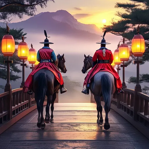 Prompt: A stunning photorealistic work of art depicts two historical figures riding horses on a bridge. The scene is illuminated by cinematic lighting with vivid twilight colors and a serene, romantic atmosphere. The characters are decorated in intricate Korean attire with expressive facial features, lush scenery, softly glowing lanterns and a sky painted in delicate purple and pink shades