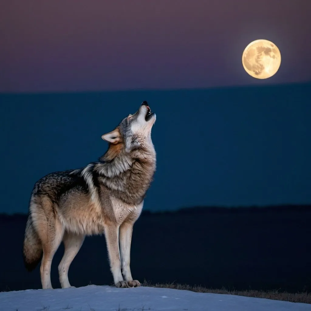 Prompt: A lone wolf howling at the moon on a chilly evening.