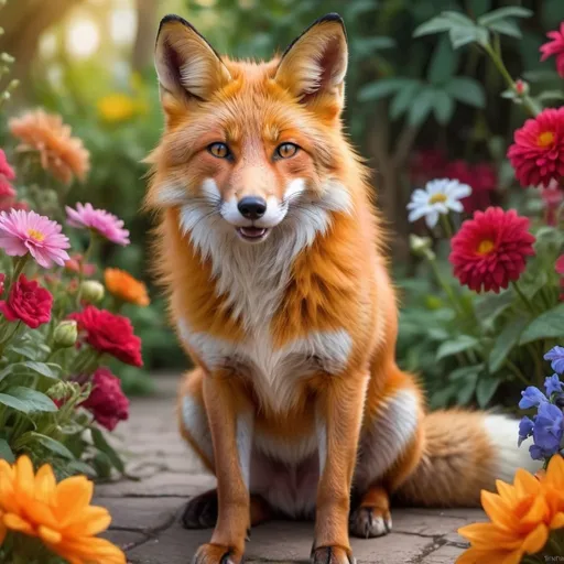 Prompt:  Portrait of Fox and Dog, brilliant red fur, brilliant amber eyes, big sharp 8k eyes, sweetly peacefully smiling, enchanted garden, vibrant flowers, bright colors, bright colors, vivid high saturation colors, extremely detailed fur, very detailed eyes, very detailed defined face, very detailed hairy legs, extremely detailed background, full body focus, uhd, hdr, extremely detailed, golden ratio, perfect composition,