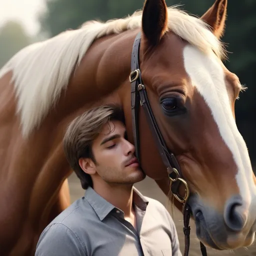 Prompt: With a dreamy horse on his face beautifully crafted 4k