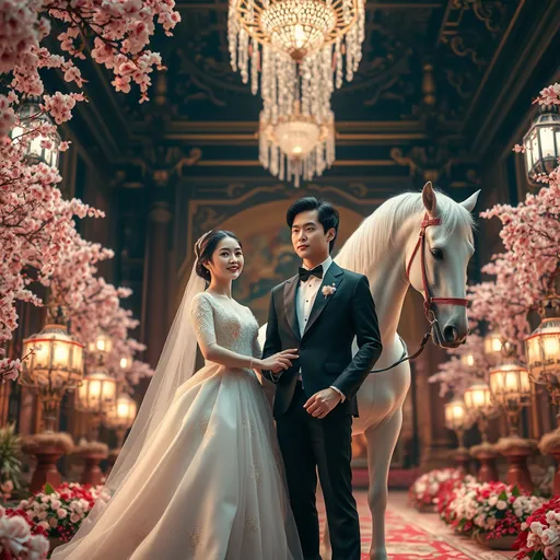 Prompt: (elegant fairy tale scene), Korean couple in stunning formal attire, beautifully crafted gown and tailored suit, (majestic white horse), enchanting cherry blossoms cascading down, grand ornate hall with intricate details, soft warm lighting creating a romantic ambiance, magical atmosphere, lush decorative elements surrounding the couple, (ultra-detailed), vibrant colors bringing the scene to life, serene and whimsical setting.