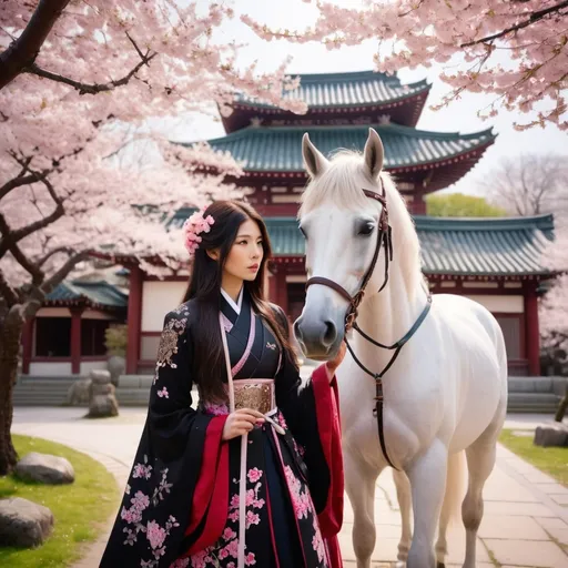 Prompt: Two individuals and a white horse in front of a temple, amidst blooming cherry blossoms, one with long dark hair in an intricate dark outfit, the other with long brown hair adorned with cherry blossoms in a light floral garment, surrounded by cherry blossom trees in full bloom, in a cinematic style, with vibrant colors, the horse's bridle and saddle adorned with sparkling gemstones, and a touch of red, with an addition of greenery, and a sunrise.