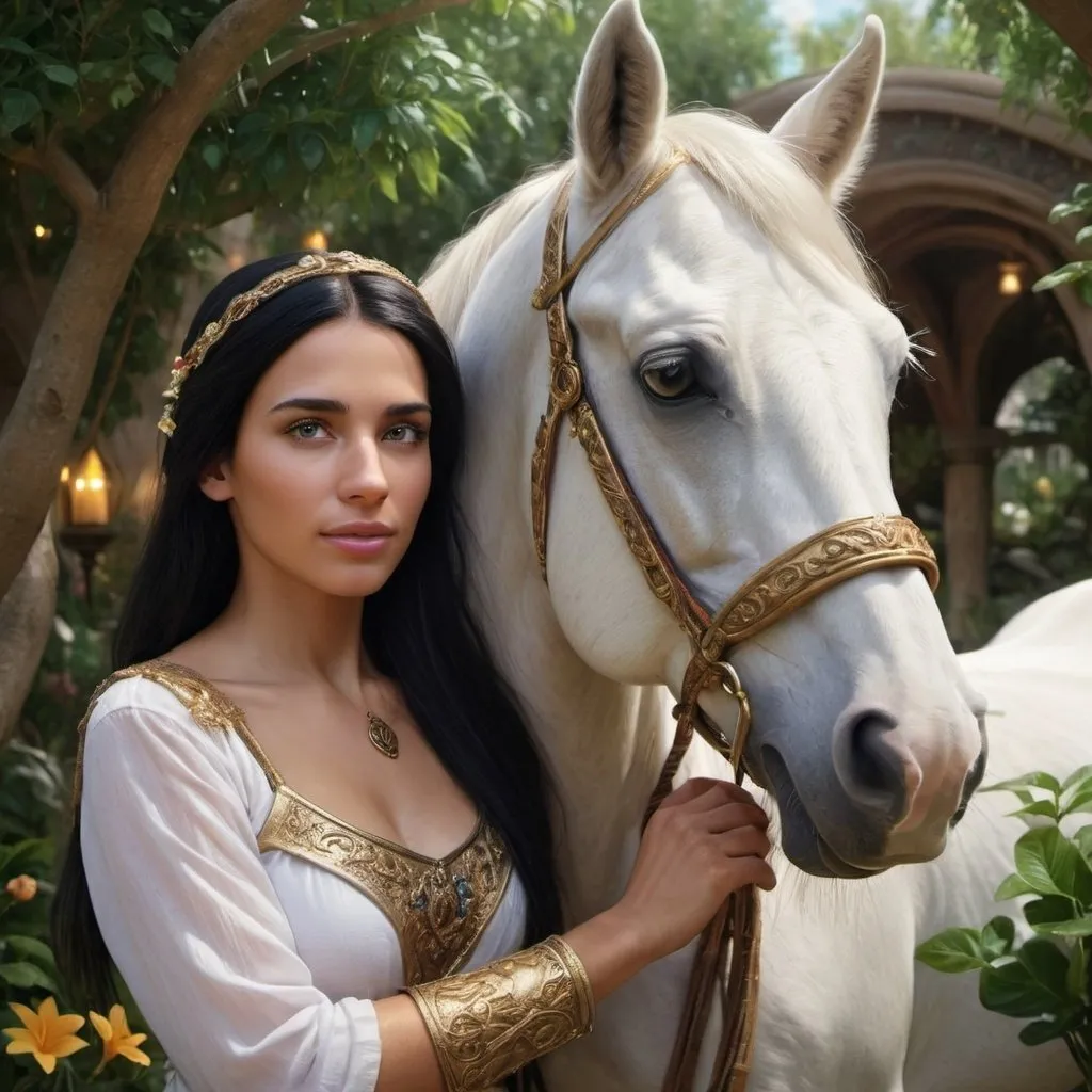 Prompt: 
photorealistic 1083-Mystical Garden Oasis with Jasmin her horse. Jasmin  nice face and Aladdin 8 k Vivid colour
photorealistic 1083-Mystical Garden Oasis with Jasmin her horse. Jasmin nice face and Aladdin 8 k Vivid colour