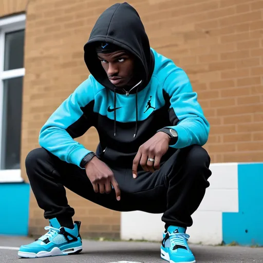 Prompt: Draw a roadman in o-block with cyan nike tech fleece tracksuit hooded and jordan 4 black cats. He have glock 19 in his hands and everybody is scared exept police