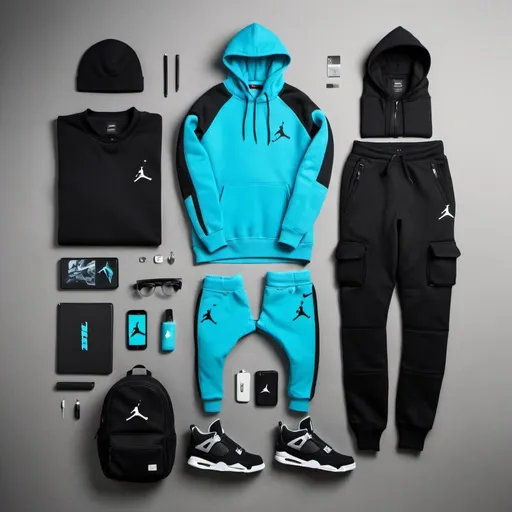 Prompt: Draw a roadman in the streets with cyan nike tech fleece tracksuit hooded and jordan 4 black cats. He have glock 19 and trapstar bag