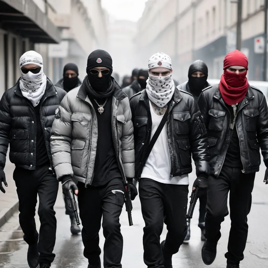 Prompt: Gang of white and black men with moncler jackets and bandanas. They all have a gun or a knife. They are walking on the streets and scaring people