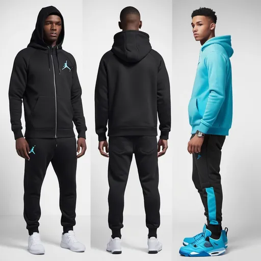 Prompt: Draw a roadman with cyan nike tech fleece tracksuit hooded and jordan 4 black cats 