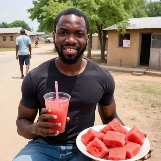 Prompt: Black man in africa with fried chicken and grape koolaid and watermelon.