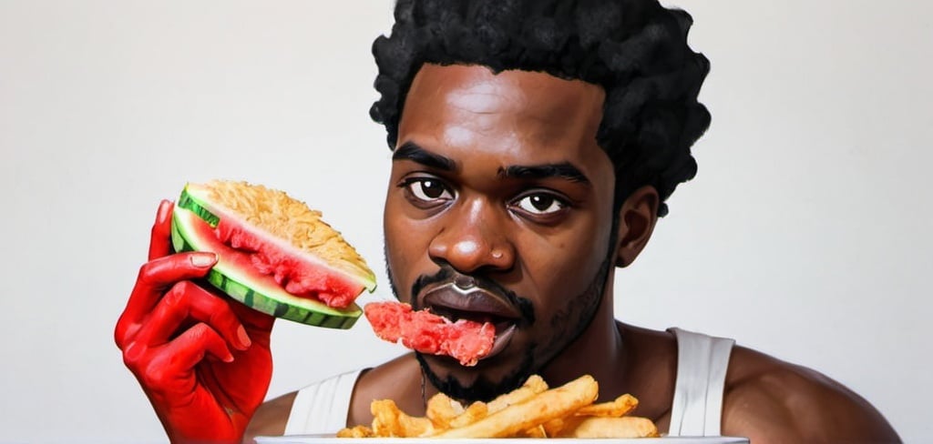 Prompt: Draw black man who eats fried chicken and watermelon all the time
