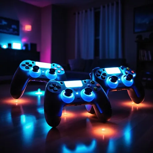 Prompt: glowing gaming controllers floating around the room with lighting and magic in the backround


