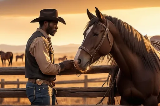 Prompt: (Black cowboy bonding with his stallion), warm nostalgic lighting, (western countryside background), soft golden sunset hues, emotional and heartfelt atmosphere, (detailing on cowboy attire and horse's mane), rustic and rugged environment, elements of rolling plains and wooden fences, indication of a dusty trail in the backdrop, high-quality, ultra-detailed, 4K, visually rich, cinematic depth.