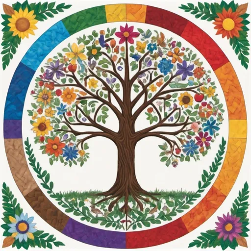 Prompt: Describe symbols of harmony and peace within a community, emphasizing unity. Imagine a vibrant mural on a community center wall depicting people of different ages and backgrounds working together in a garden, symbolizing unity and cooperation. Envision a large oak tree with its roots intertwined, representing the deep connections and strength of a united community. Picture a communal meal where everyone shares food and stories, highlighting the spirit of togetherness and mutual support. Think of a colorful quilt made by various community members, each piece unique yet contributing to a beautiful whole, symbolizing diversity and unity. Visualize a community park with a peace pole inscribed with "May Peace Prevail on Earth" in multiple languages, reminding everyone of their shared commitment to harmony and peace. These symbols reflect the collective effort, understanding, and unity that define a harmonious and peaceful community.

