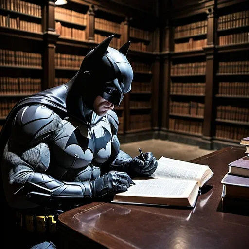 Prompt: A photo of batman studying in a dark library.