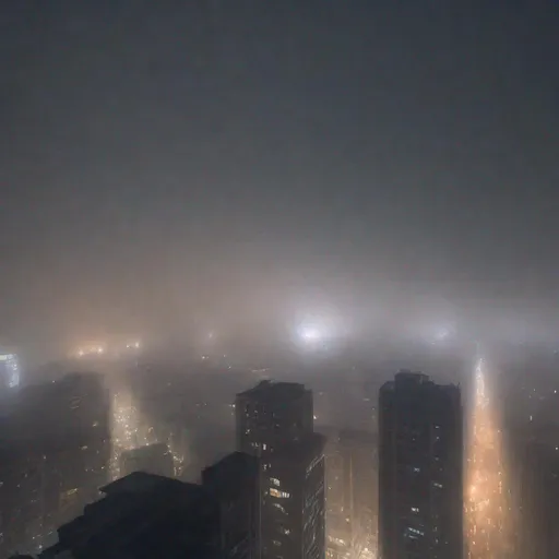 Prompt: the sinking sky migrates in the city midnight, foggy,  mist and particles sprout along the bronchial tubes,