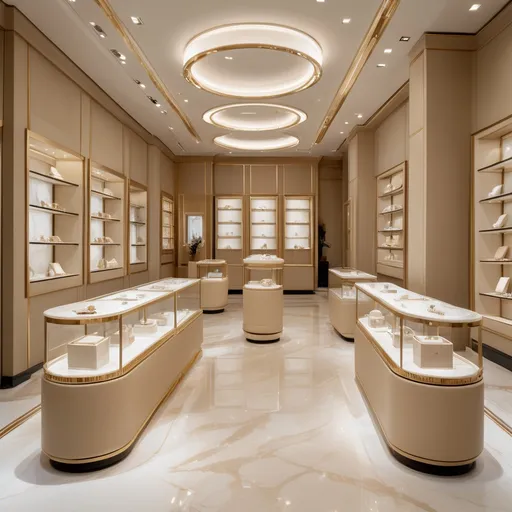 Prompt: Luxury minimalist jewelry boutique interior design, featuring eight small, refined display cases strategically placed within the store, a central column wrapped in polished beige marble with subtle veining, surrounded by a circular amorphous glass or marble display table with a delicate gold trim. The store features sleek wooden trims in soft beige tones, porcelain flooring in beige and white hues with minimal and subtle veining, creating a rich yet understated texture.  

The design incorporates amorphous display tables with a thin gold accent around their edges, cozy seating in the waiting area with compact beige chairs or sofas, paired with a small amorphous coffee table featuring a glass or marble top and gold detailing.  

The logo "H Stern" is elegantly displayed on the wall in a minimalist style, and lighting is ambient, highlighting the jewelry displays. The overall design is warm, modern, and luxurious, emphasizing clean lines, precision, and a sophisticated atmosphere with minimal use of gold for accents and details.