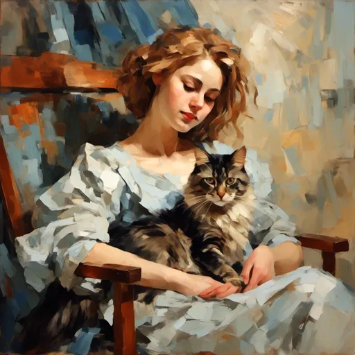 Prompt: <mymodel> siberian cat sitting on girls lap in the style of lempicka