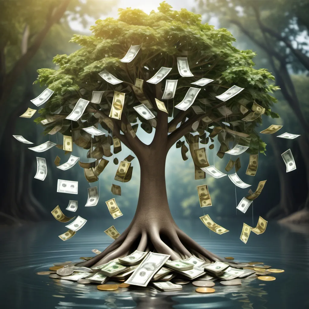 Prompt: Need to create money tree with money flow river  for showing money flow everywhere


