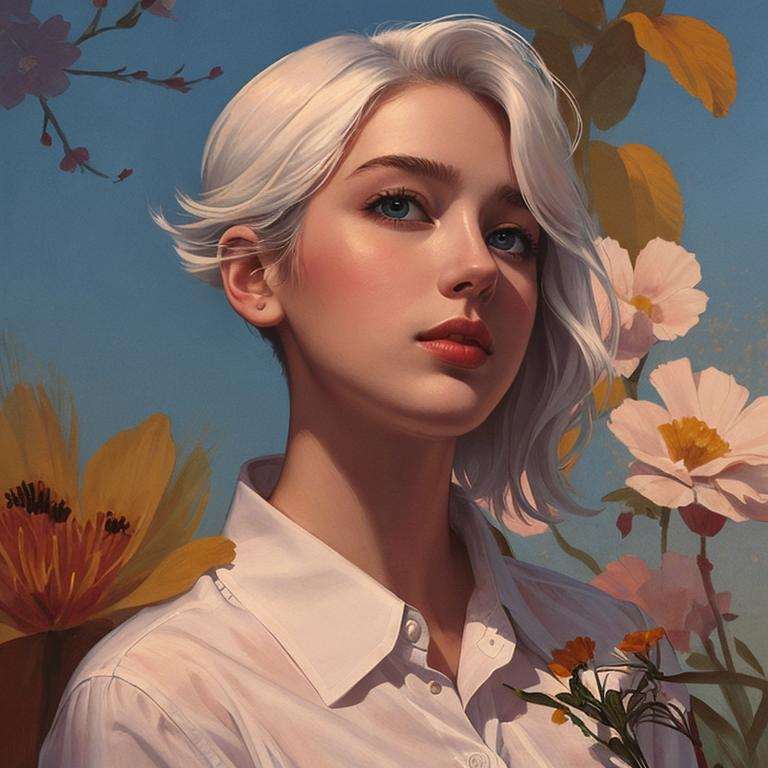 Prompt: Drawn style, portrait style. 1 person. Young Miranda Priestly, human, queer, butch female, blue eyes, white hair color, pixie cut, light hair color, parted to one side, very young, 18 years old,

White shirt, floral background, human ears