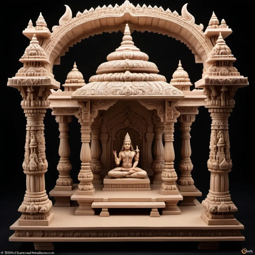 Prompt: Generate images of
Design a detailed Nagara-style miniature temple for Lord Shiva. Include a tall, curvilinear shikhara, a mandapa with carved pillars, and a raised platform (jagati). Feature intricate carvings of deities and mythological scenes. Use natural stone colors with traditional motifs and add a Shiva Lingam in the sanctum. Incorporate subtle lighting to highlight key features