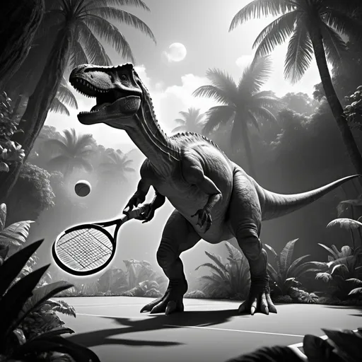 Prompt: a dinosaur playing tennis, on a clearing, through a prehistoric jungle, lush flora, volumetric lighting, rtx on, only Black and white , an award winning digital render, beautiful, ultradetailed, great composition