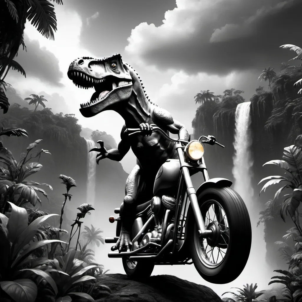 Prompt: a dinosaur riding a vintage chopper,  in a prehistoric jungle, lush flora, waterfall, mountains, dark towering clouds, flowers, vines, sunset, volumetric lighting, rtx on, only Black and white , an award winning digital render, beautiful, ultradetailed, great composition