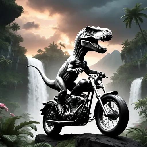 Prompt: an ethereal ghost dinosaur riding a vintage chopper,  in a prehistoric jungle, lush flora, waterfall, mountains, dark towering clouds, flowers, vines, sunset, volumetric lighting, rtx on, only Black and white , an award winning digital render, beautiful, ultradetailed, great composition