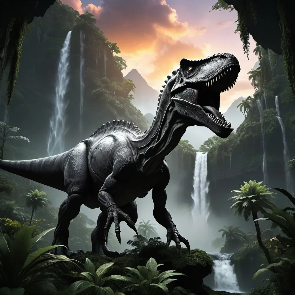 Prompt: an ethereal ghost dinosaur in a prehistoric jungle, lush flora, waterfall, mountains, dark towering clouds, flowers, vines, sunset, volumetric lighting, rtx on, only Black and white , an award winning digital render, beautiful, ultradetailed, great composition