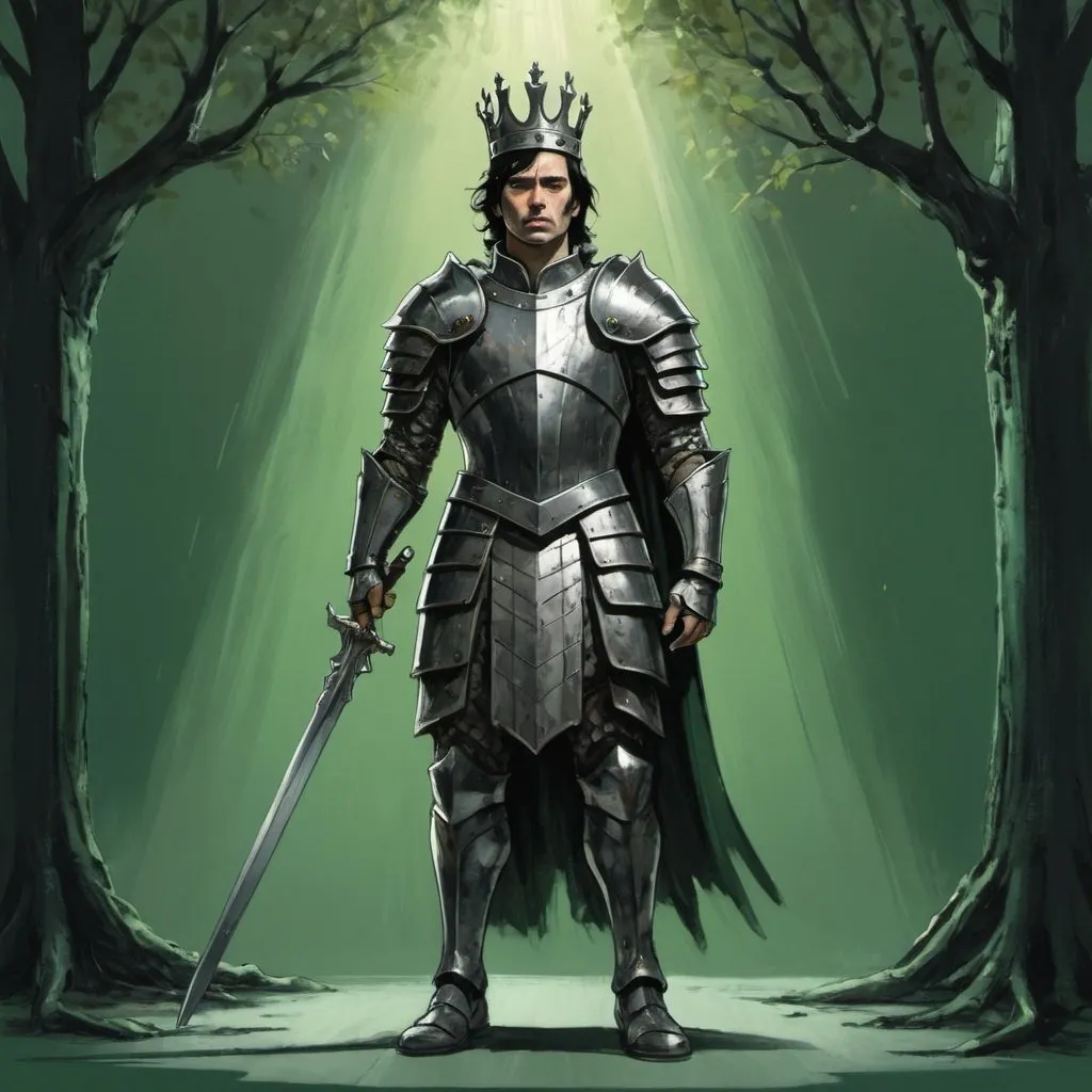 Prompt: sketch a man with black hair, full body view, with an iron crown on his head, standing, with streaks of iron across his face, with armor on, in a dark green room with lots of trees