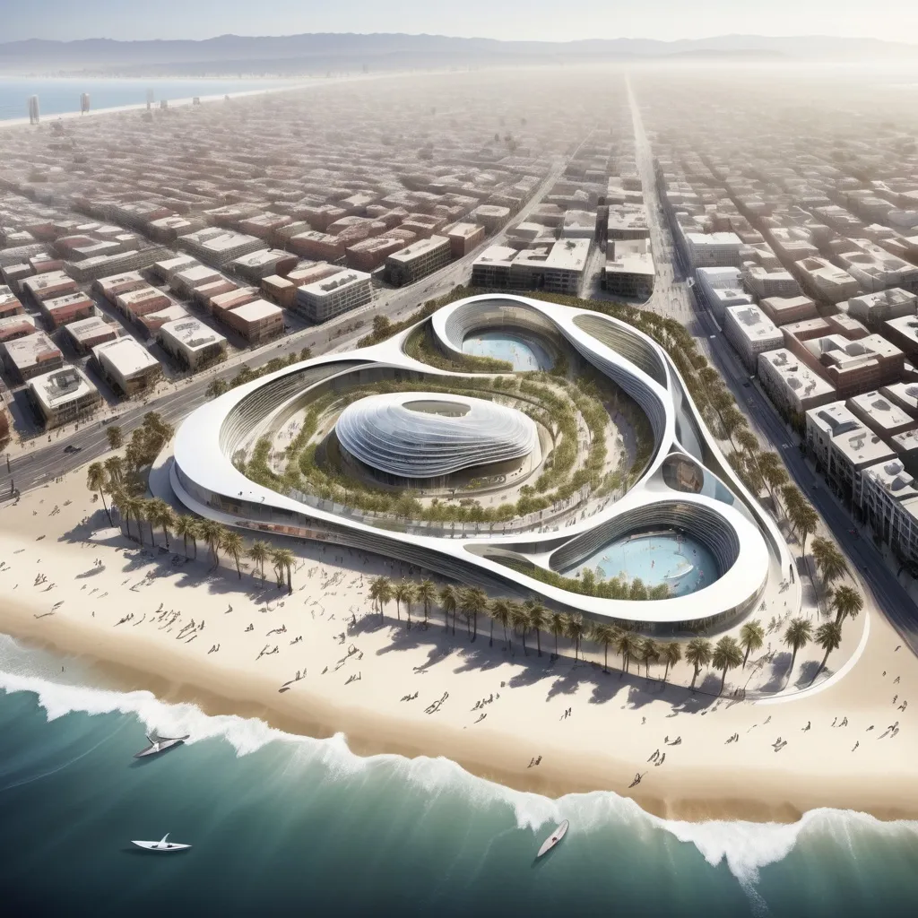 Prompt: An urban plan of Santa Monica with the ideals of the urban plan of barcelona. Alot of Public space and an emphasis on removing cars.  The vibe should be more surf culture aligned. Emphasize small businesses.
And use Zaha Hadid's One North Masterplan as inspiration