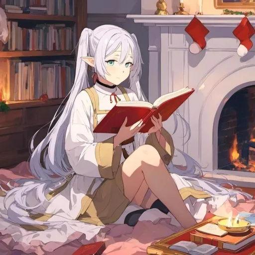 Prompt: <mymodel> in Christmas underwear sitting by a fireplace reading a book