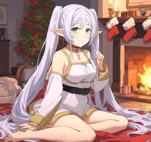 Prompt: <mymodel> in Christmas underwear sitting by a fireplace 