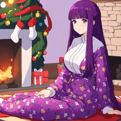 Prompt: <mymodel> wearing Christmas pajamas next to a fireplace