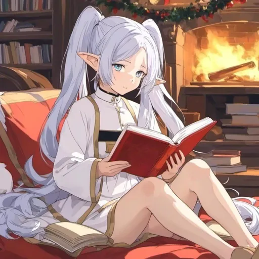 Prompt: <mymodel> in Christmas underwear sitting by a fireplace reading a book