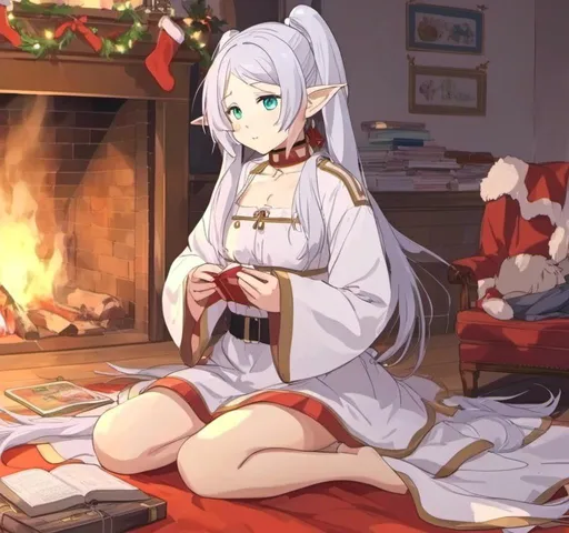 Prompt: <mymodel> wearing Christmas underwear sitting by a fireplace massaging chest