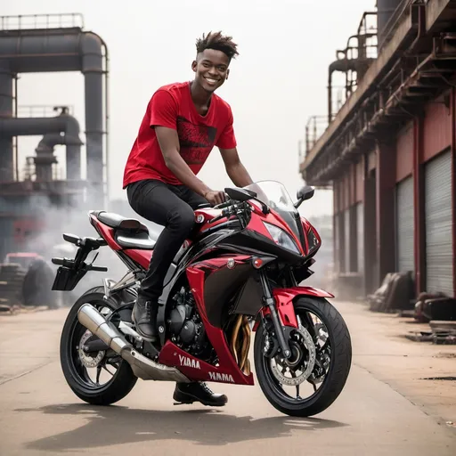 Prompt: A young man confidently poses on a sleek black and red Yamaha motorcycle, showcasing a vibrant red shirt that adds to his charismatic appearance. He sits casually, one leg bent over the bike, radiating a sense of ease and pride, with a slight smile hinting at enjoyment of the moment. The backdrop features industrial silhouettes, suggesting an urban landscape, while soft, diffused light creates a tranquil atmosphere. The focus on the rider and the motorcycle highlights their features against the blurred surroundings, emphasizing a modern lifestyle and the thrill of youth. Overall, the image evokes a spirited narrative of adventure and personal expression in a contemporary setting.
