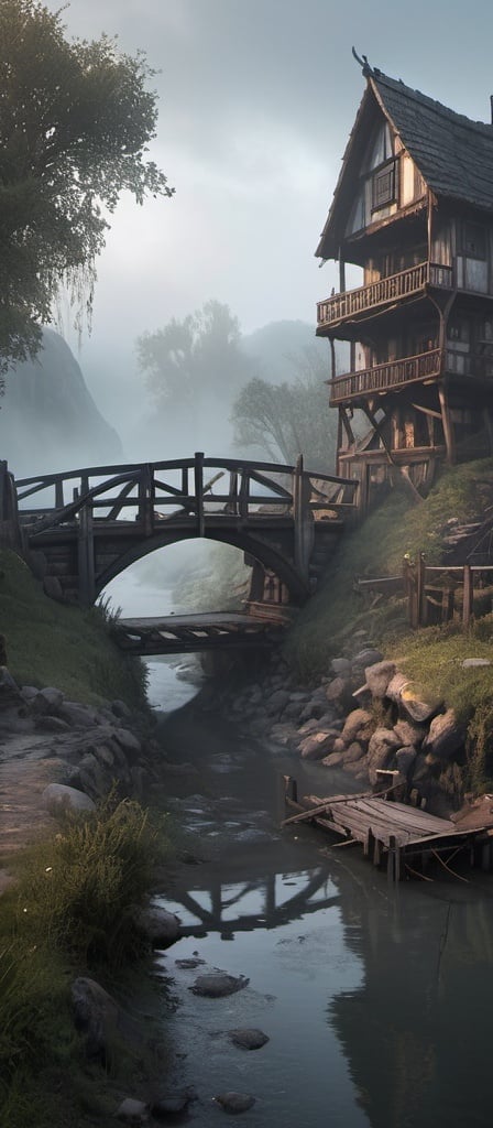 Prompt: small settlement, foggy, bridge and river, dramatic fantasy settlement scene, cinematic lighting