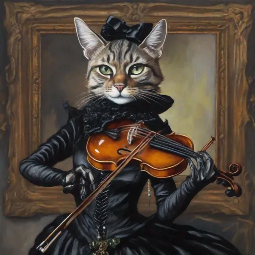 Prompt: framed painting of a female Tabaxi, gracefully playing a violin, goth style outfit with collared dress and flashy jewelry