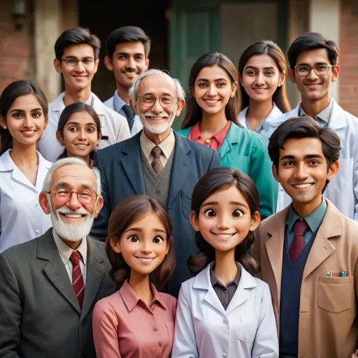 Prompt: a businessman, a housewife, a teacher, a worker, a butcher, a farmer, a doctor, an old man, a girl and a university student standing together smiling