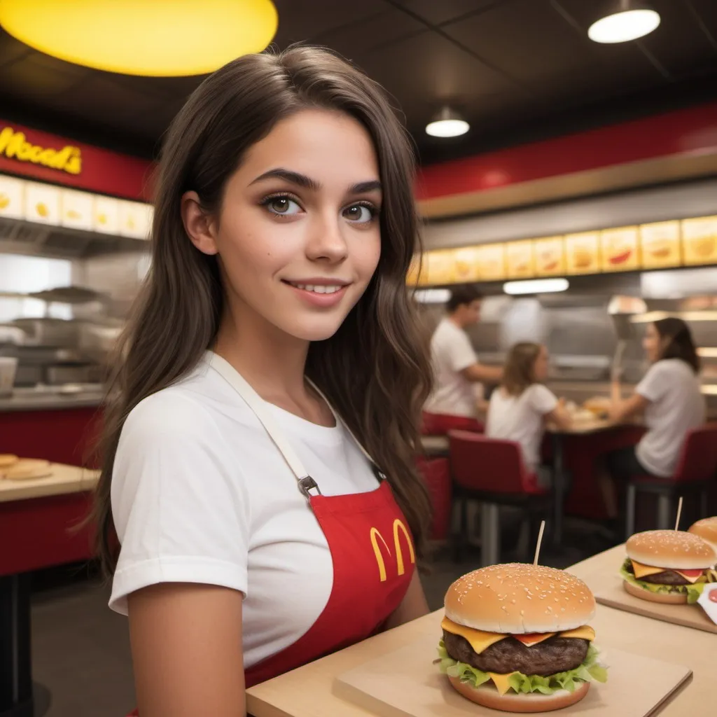 Prompt: Crea l’immagine di Lucia, una ragazza molto bella con i capelli lisci castano scuro sino a sotto le spalle. Lucia lavora al Mc donald e nell immagine sta servendo dei cheeseburger del Mc a un tavolo con altre ragazze. Creala senza tatuaggi e con un viso dolce stile disney