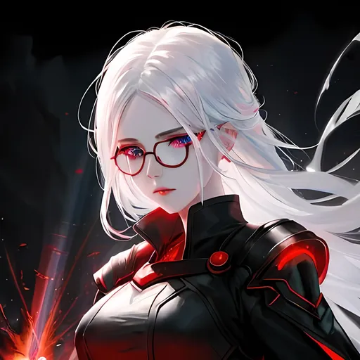 Prompt: 1girl, casting red fire magic laser beam, circular black glasses, pale white skin, white hair, sky blue eyes, using fire laser spell in a dark cave, detailed eyes, fantasy, high quality, detailed, dark cave, 