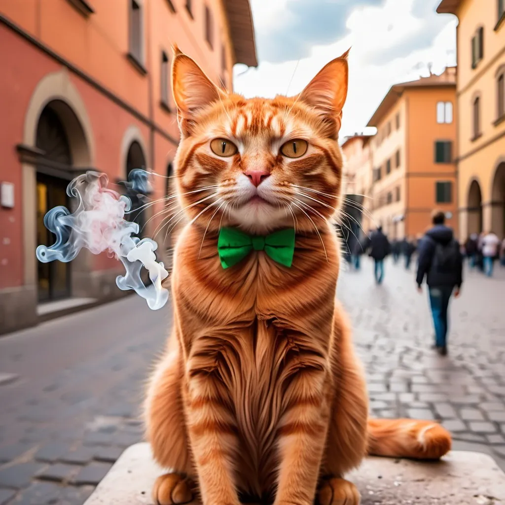 Prompt: immagine di un gatto rosso che fuma erba  nella città di bologna 